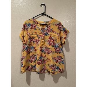 Flower & Feather Golden Floral V-neck blouse w Gold zipper pockets buttons 2XL